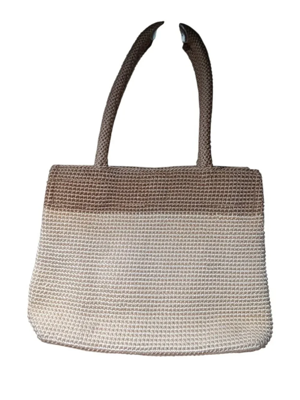 Classic The Sak Crochet Tote 2-Tone Neutral Tan Woven Purse Magnetic Snap w/ Fob